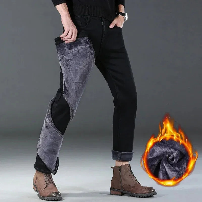 2025 New Winter Men Black Straight Stretch Denim Thick Velvet Pants Warm Jeans Casual Fleece Line Trousers Male Plus Size