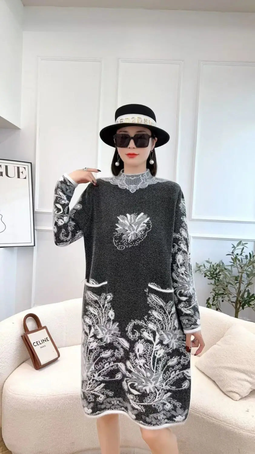 Autumn Winter Women Vintage Ethnic Style Flower Pockets Knitted Dresses Ladies Half High Collar Long Sleeve Loose Sweater Dress