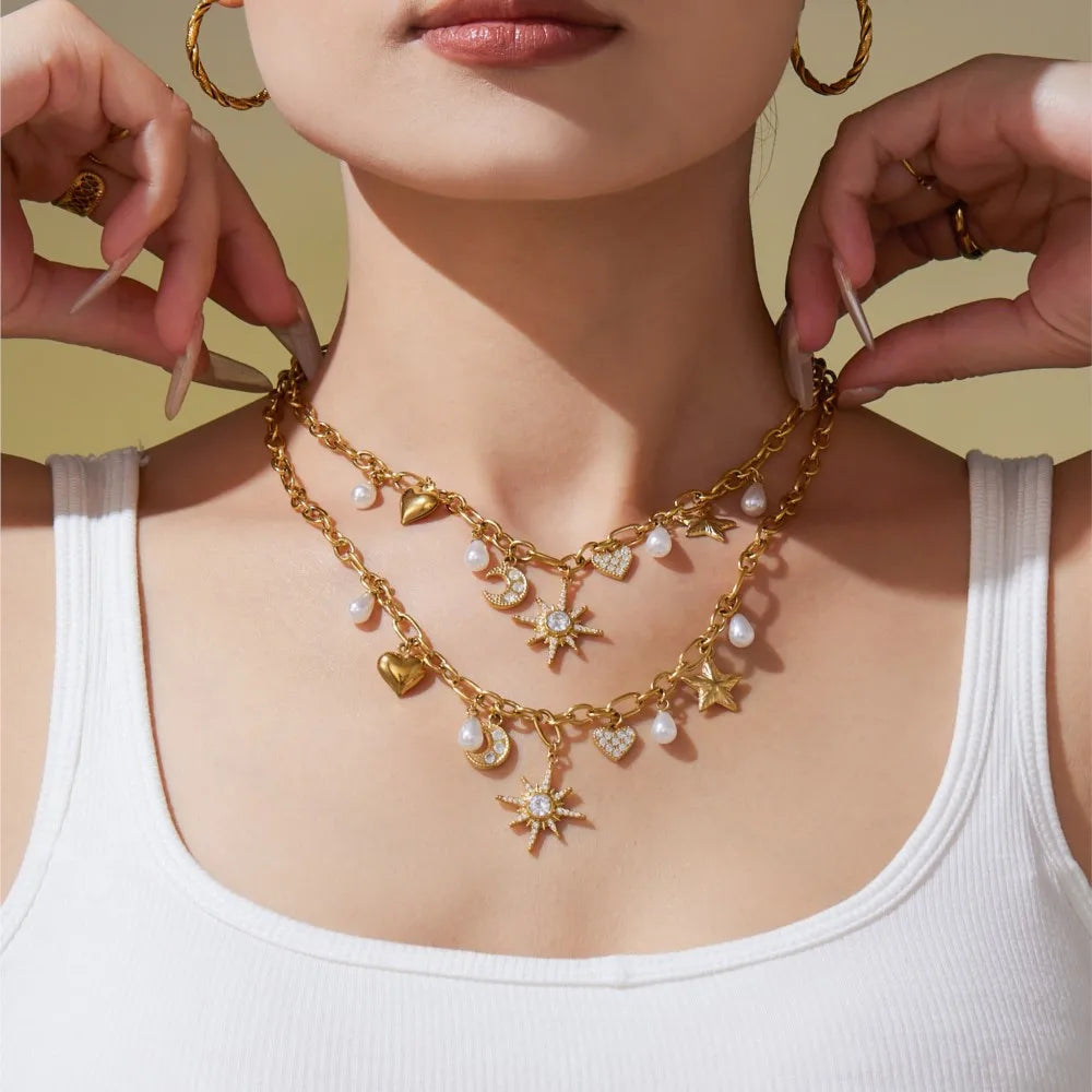 Zircon Heart, Star & Moon Jewelry Set | 18K Gold-Plated Stainless Steel Necklace & Bracelet