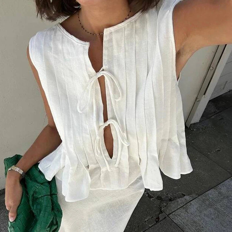 Linen Cotton Pleated Lace Up Sleeveless Short Shirt Blouse Women Slim Waist Crop Top Female Pleated Shirts 2024 New White