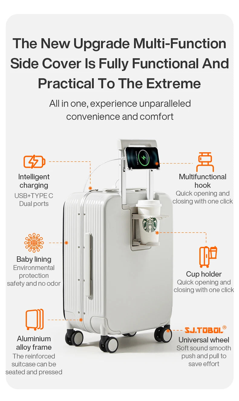 Mixi M9286 Aluminum-Frame PC Carry-On | USB Port, Cup & Phone Holder, TSA Lock, 360° Spinner Wheels (20″/24″)