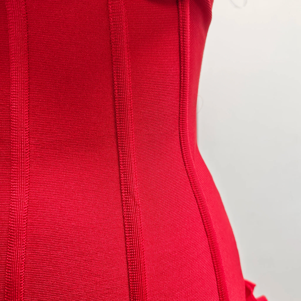 VC Christmas Dress Strapless Backless Red Structured Floral Embellished Mini Length Bodycon Celebrity Party Cocktail Dress