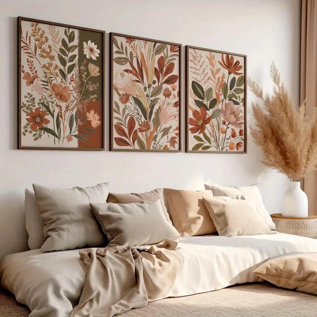 3-Piece Retro Sage Green Botanical Canvas Set – Bohemian Floral Wall Art