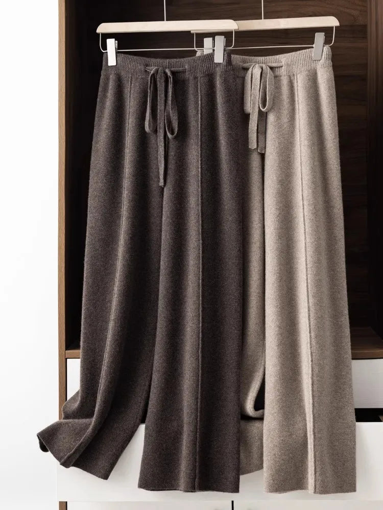 Women’s High-Waist Belted Knit Pants – Solid Color, Center-Crease Wide-Leg (Autumn/Winter 2026)