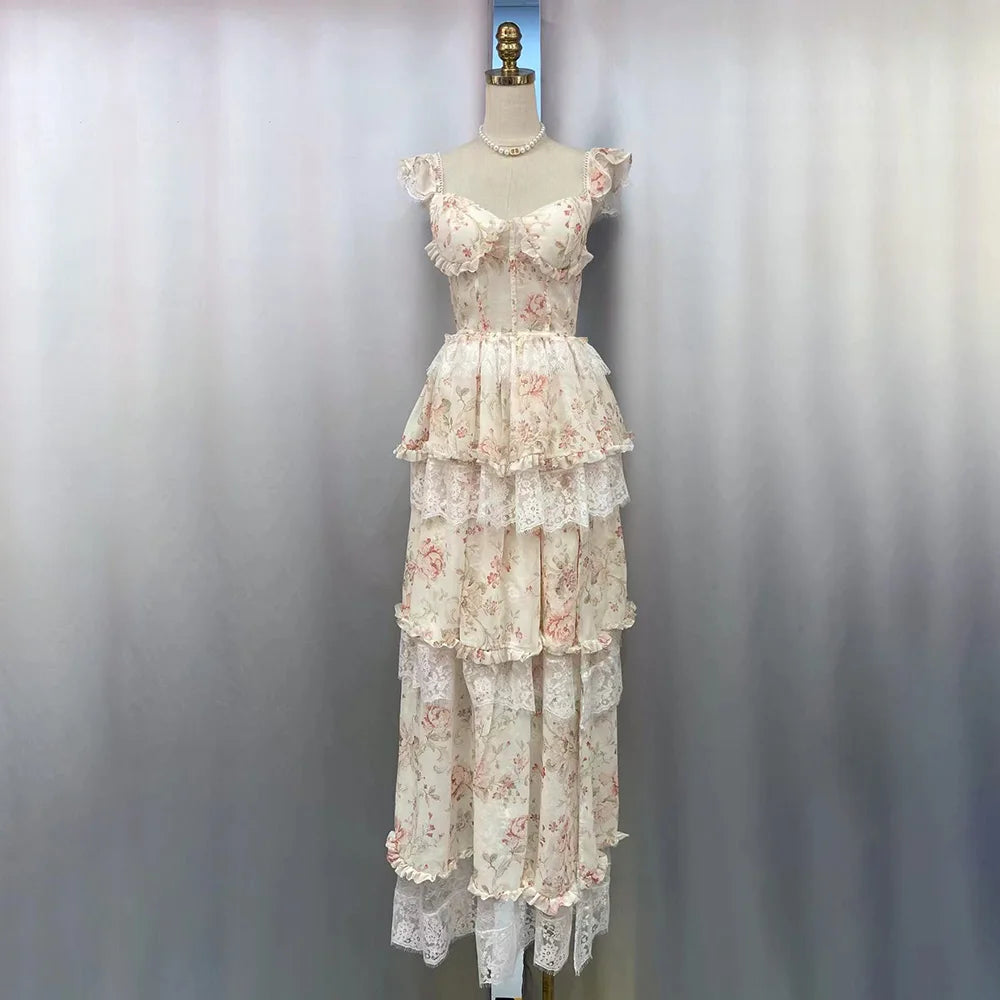 TWOTWINSTYLE Colorblock Slimming Spliced Lace Dresses for Women Square Neck Sleeveless Patchwork Printing Dress Female Clothes