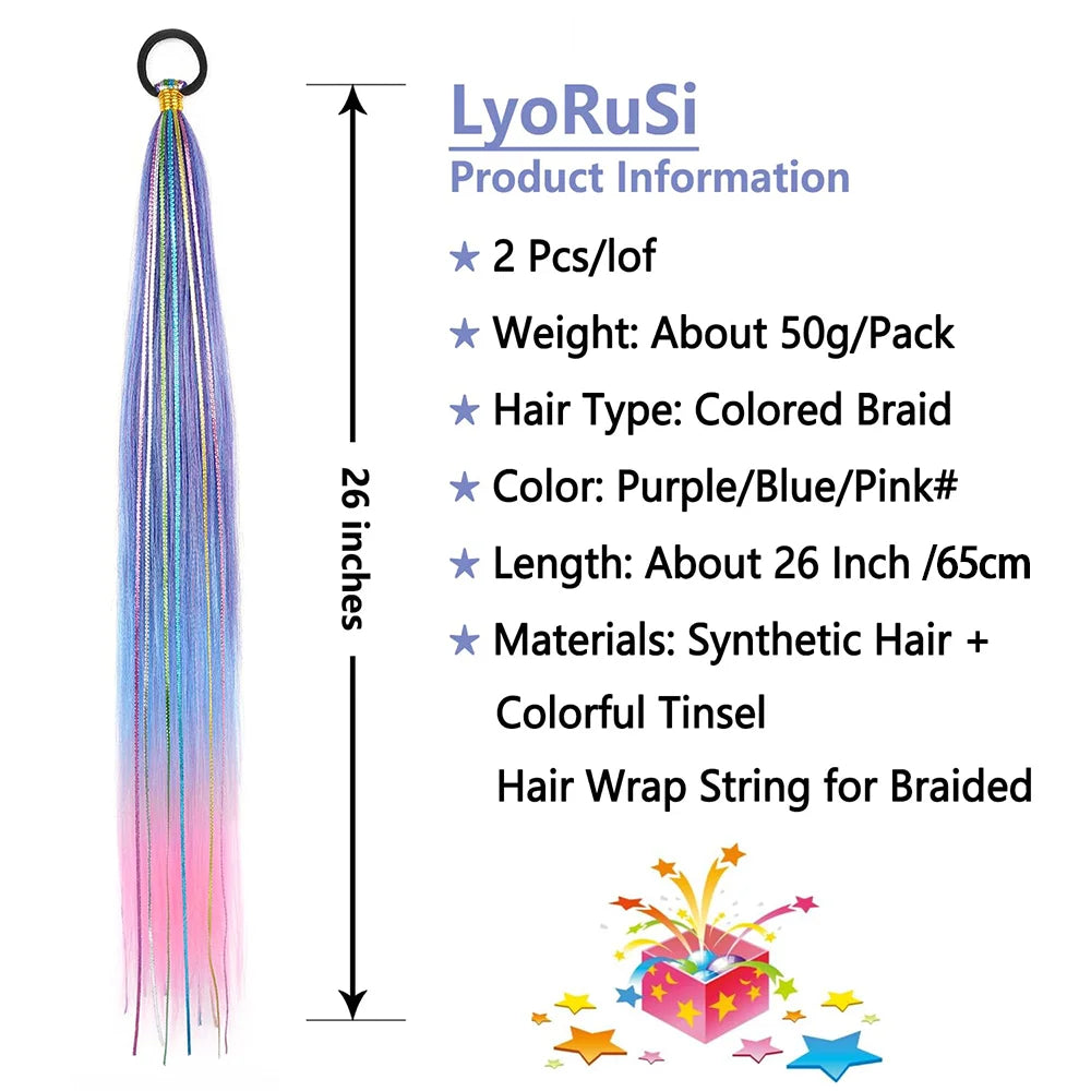 26 Inch Hair Tinsel Colored Braided Ponytail Extension 1/2 Pack Blue Pink Gradient Hair Extensions Synthetic Ponytail