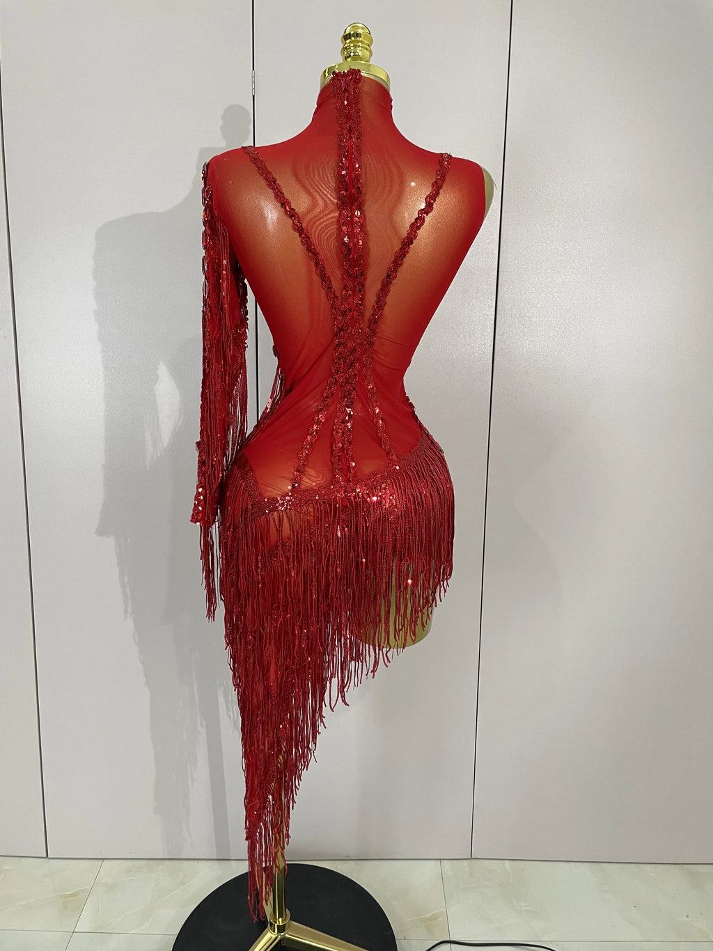 New Stage Costume Sparkly Rhinestones Tassel Sexy See-Through Dress Women One Shoulder Latin Dance Bars Nightclub Party Outfits