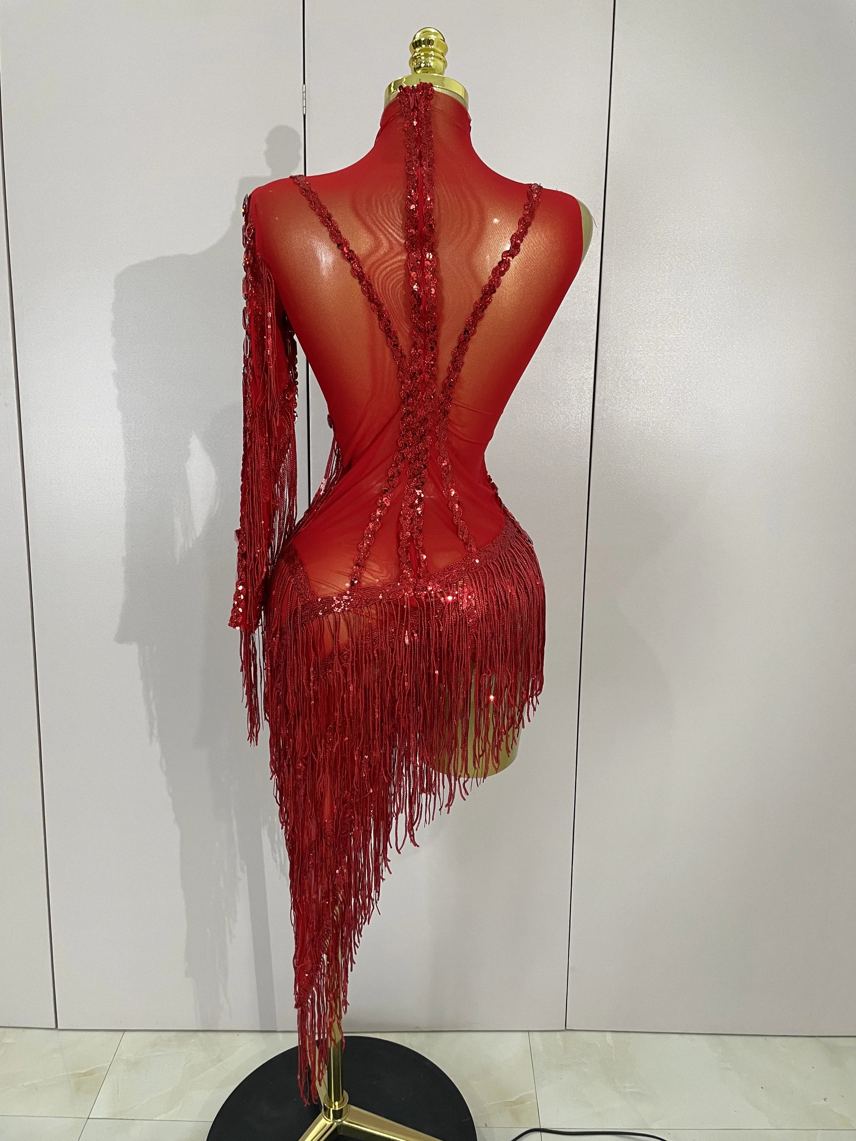 New Stage Costume Sparkly Rhinestones Tassel Sexy See-Through Dress Women One Shoulder Latin Dance Bars Nightclub Party Outfits