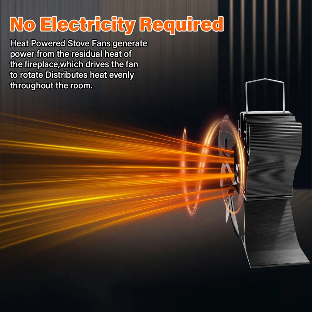 New Heat Powered Stove Fan Eco Quiet Black 6 Blades Log Wood Burner Fireplace Fan Efficient Heat Distribution Winter Warmer Home