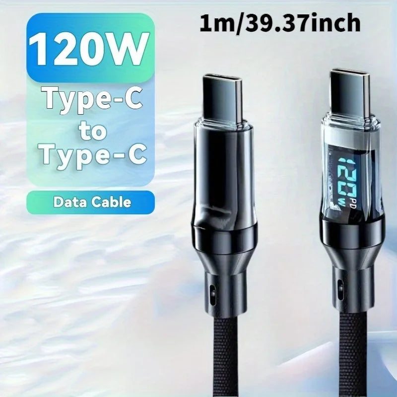 120W USB to Type-C Fast Charging Cable with LED Display – Super Speed Data Cord for Huawei, OPPO, Vivo