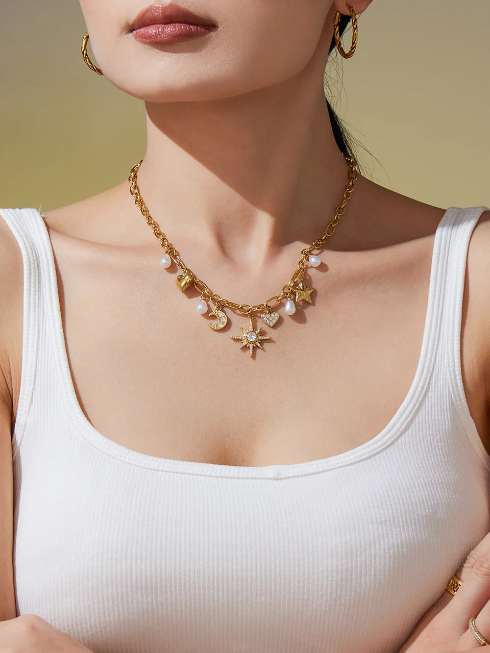 Zircon Heart, Star & Moon Jewelry Set | 18K Gold-Plated Stainless Steel Necklace & Bracelet