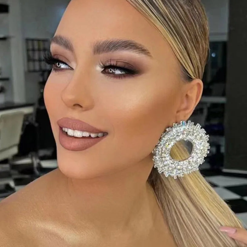 Big Round Rhinestone Dangle Earrings | Shiny Alloy Statement Jewelry for Women