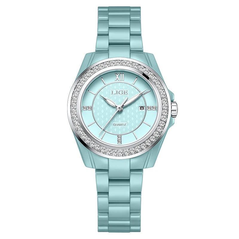 New LIGE Fashion Quartz Watch for Women Ceramics Strap Waterproof Date Women's Watches Elegant Luxury Diamond Ladies Wristwatch