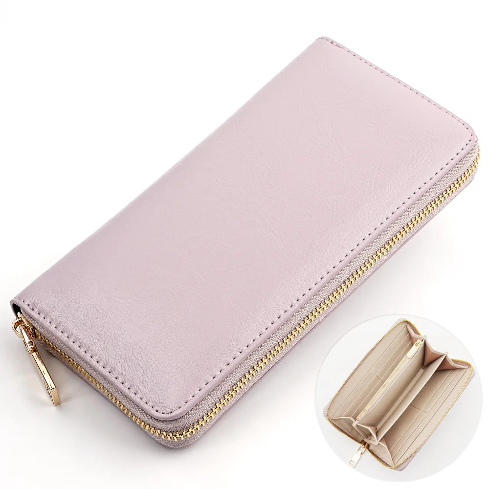 New Oil Waxed Cowhide Women's Zipper Wallet Long Genuine Leather Large Capacity Handbag Japan Style