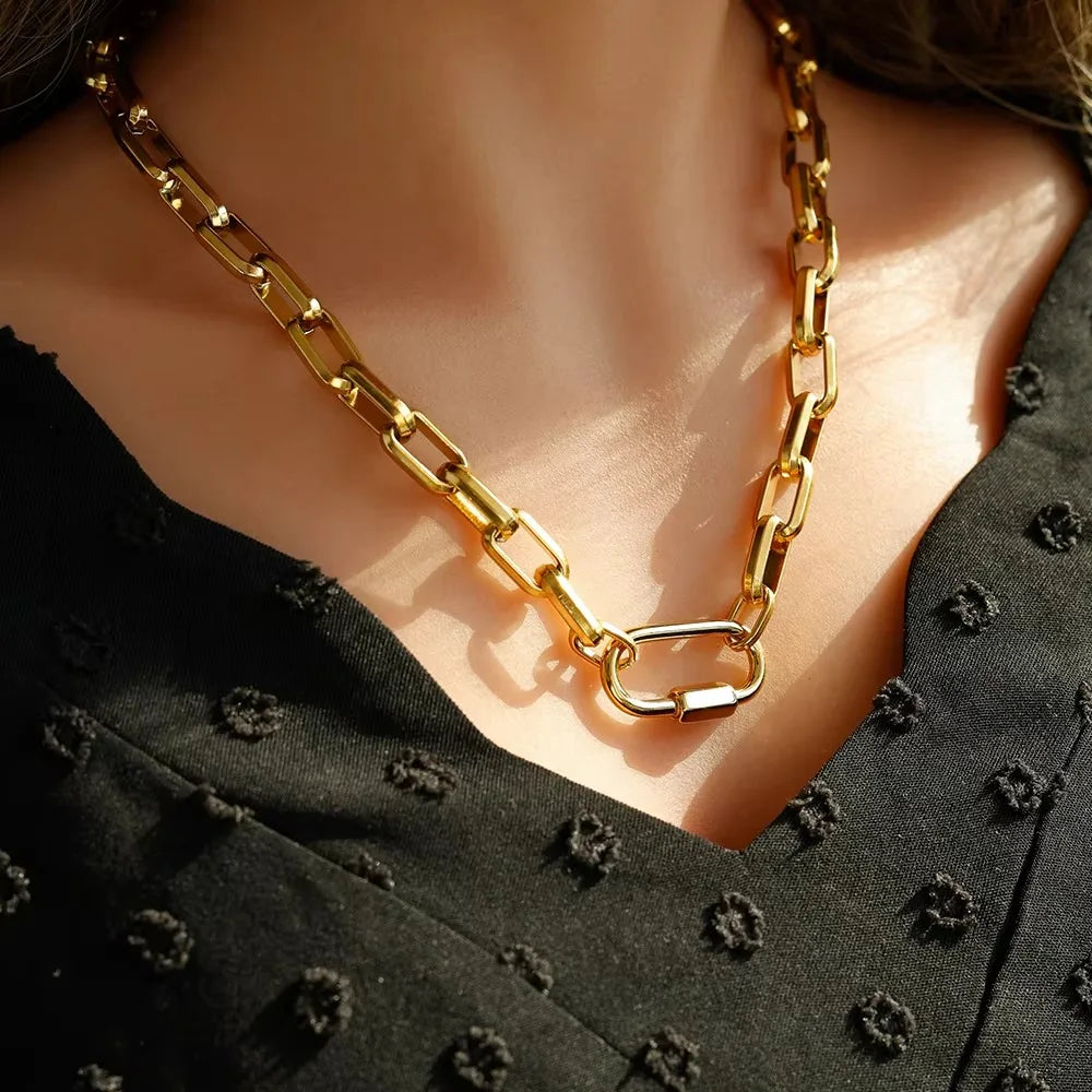 2025 Luxury Gold-Plated Chunky Chain Necklace | Stainless Steel Carabiner Design with Zircon Charms