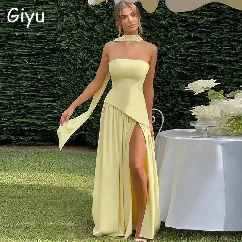 Giyu Sexy Evening Party Dresses Women 2025 Autumn Summer Maxi Long Dress Elegant Strapless Split Backless Pleated Dress
