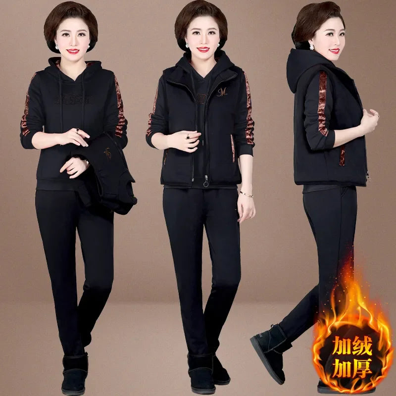 Women's Autumn Winter New Suit Plush Thickened Hooded Tops Waistcoat Pants 3 Three Piece Sets Fashion Plus Size Women Clothing
