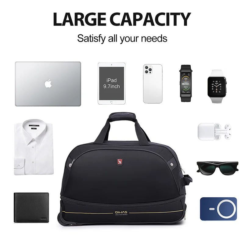 OIWAS Men Trolley Duffle Bag 56L Water-Repellent Foldable Rolling Suitcase Hand Luggage With Wheels Carry-On Bags Expansion Pack