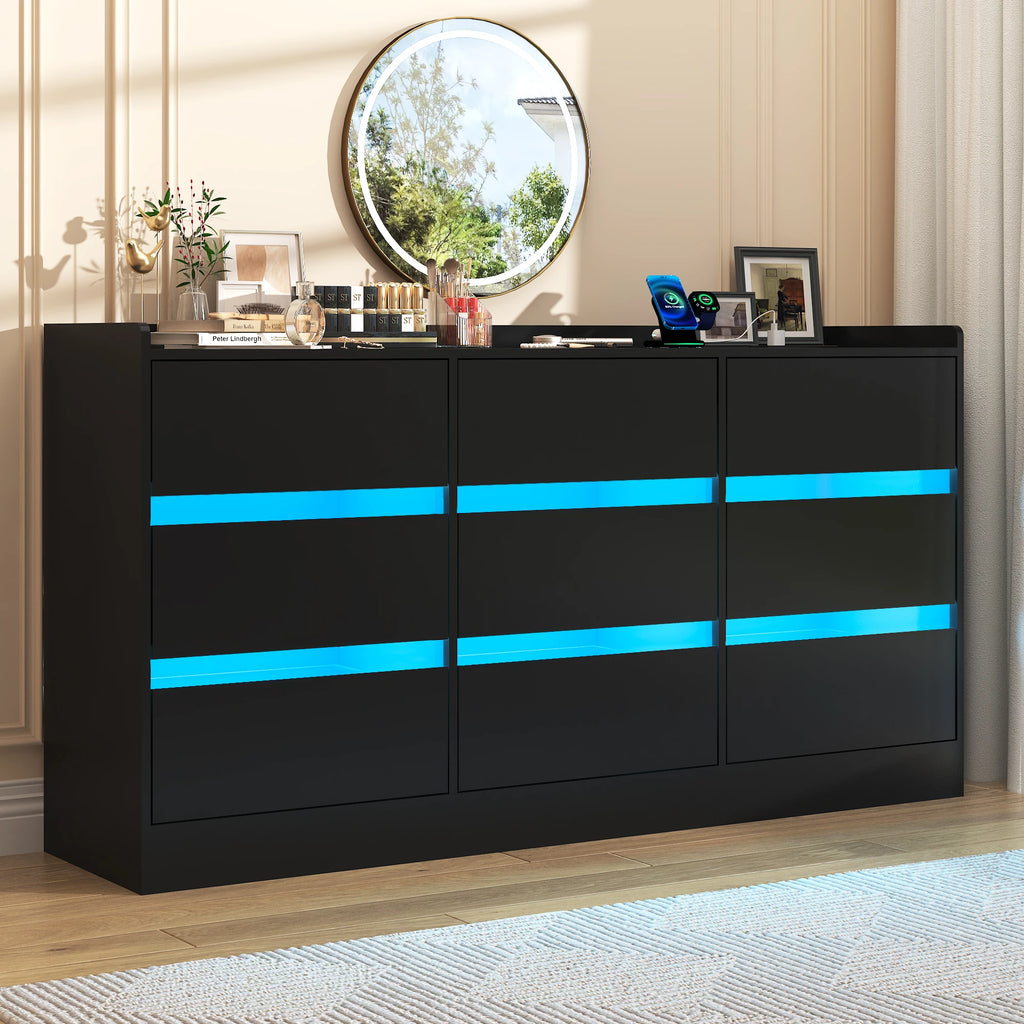 9 Drawer Dresser with Power Outlet & LED Light, Modern Chest of Drawers for Closet, 63" Drawer Organizer Cabinet for Bedroom