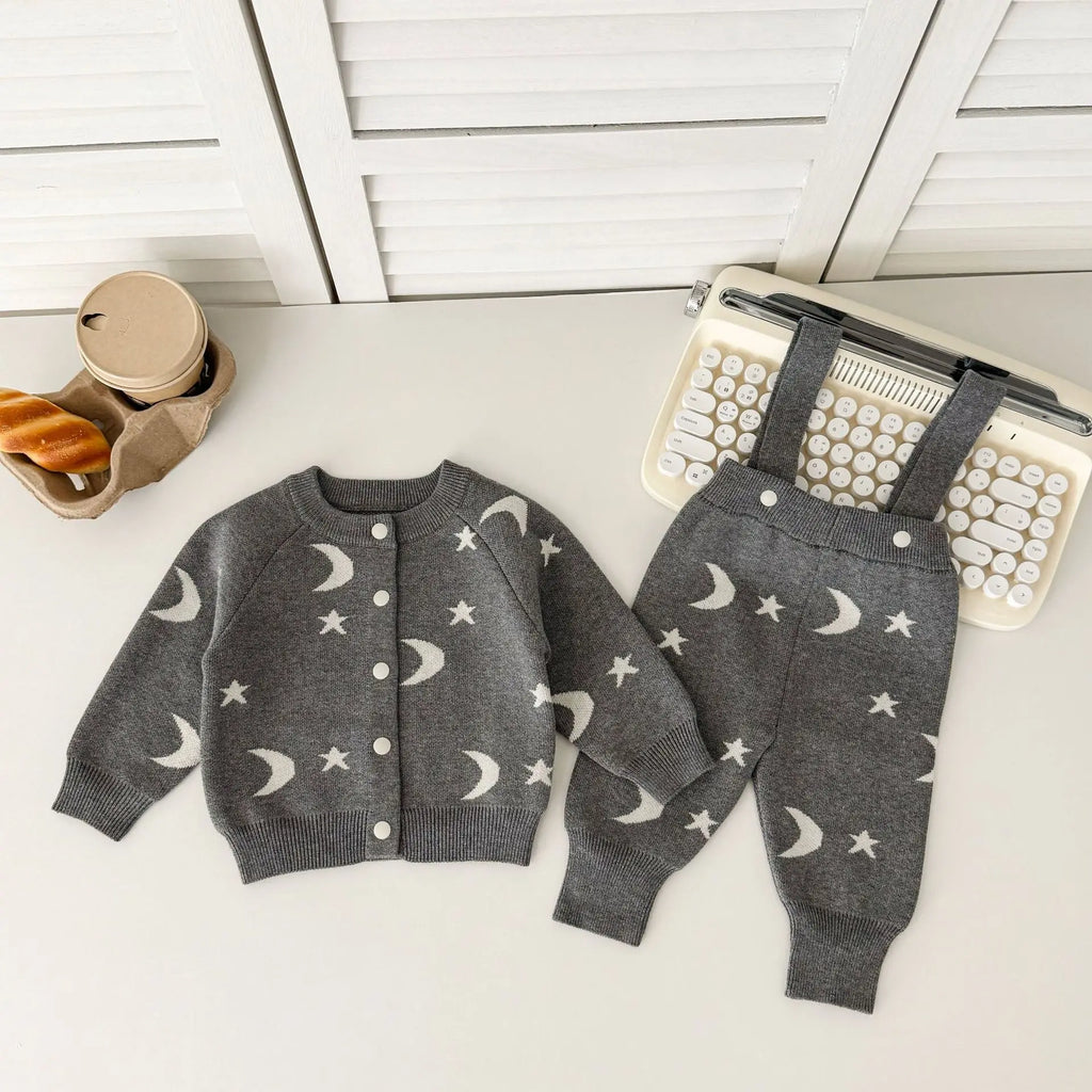 2026 Spring New Baby Clothing Single Breast Moon Print Girls Sweaters Option Knit Overalls  Baby Girls Knitwear