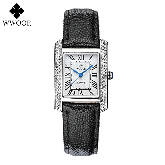 WWOOR Elegant Women's Watches Square Diamond Ladies Watch Waterproof Luxury Brand Leather Quartz Bracelet Watches Zegarek Damski