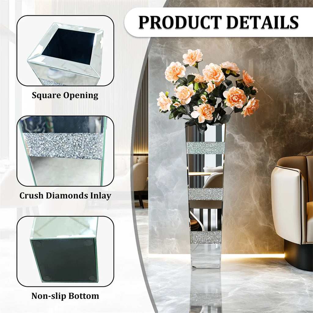 Mirrored Crystal Floor Vase – Silver