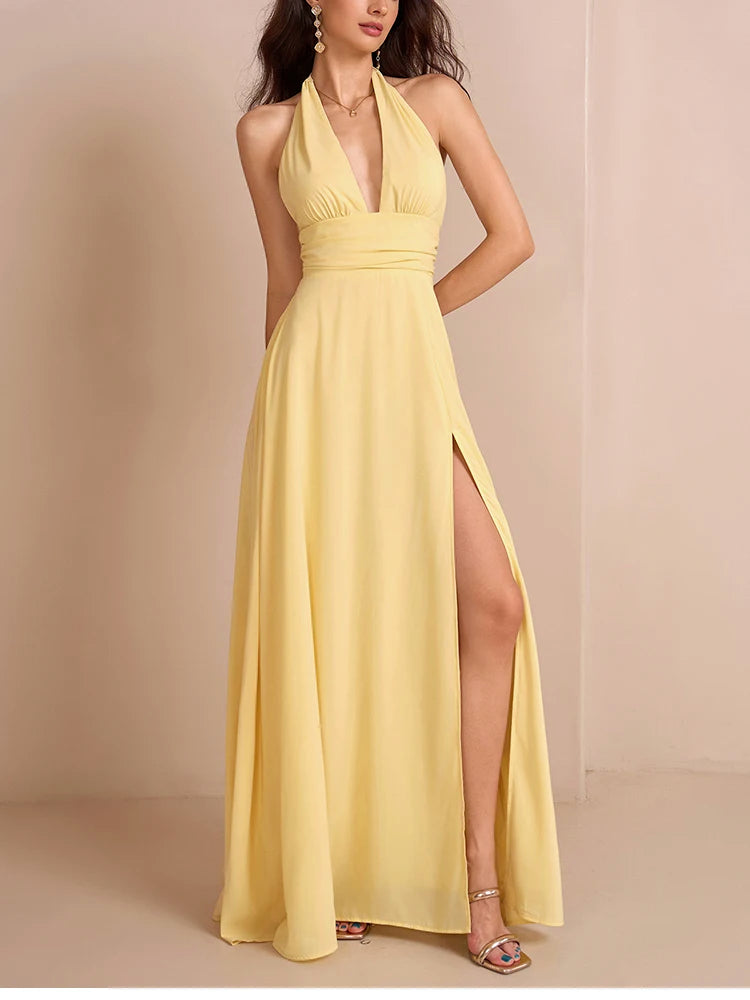 NewAsia Sexy Deep V Neck Halter Chiffon Maxi Dress with Bow Tie Backless High Slit Women Elegant Evening Gown for Party Wedding