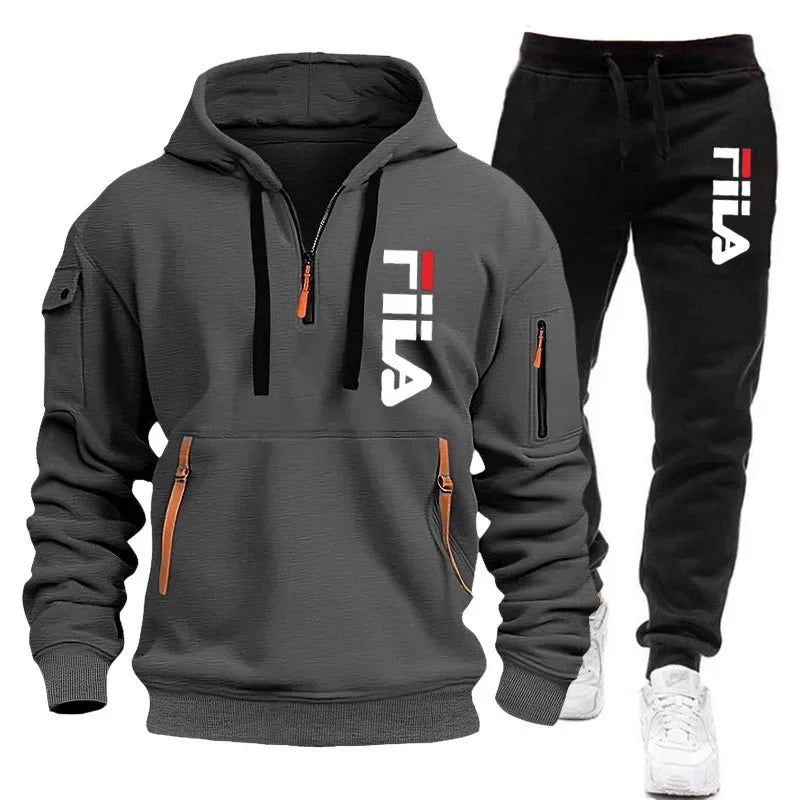 Autumn and Winter 2025 new men's hooded sweatshirt + pants two-piece set, outdoor multi-pocket men's pullover sportswear set