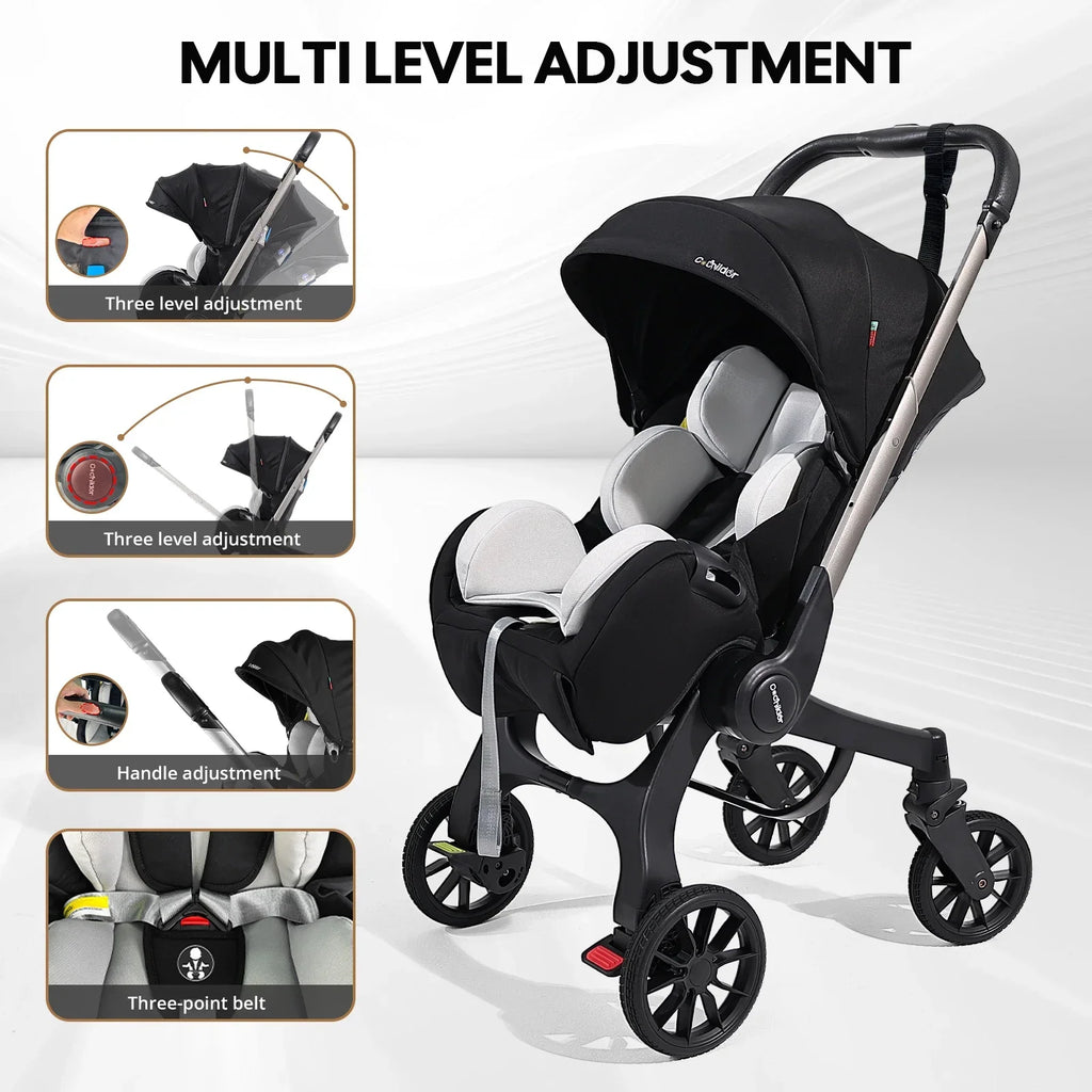 Portable baby strolle, foldable travel cart, adjustable handle for two-way push, adjustable backrest, with sunshade