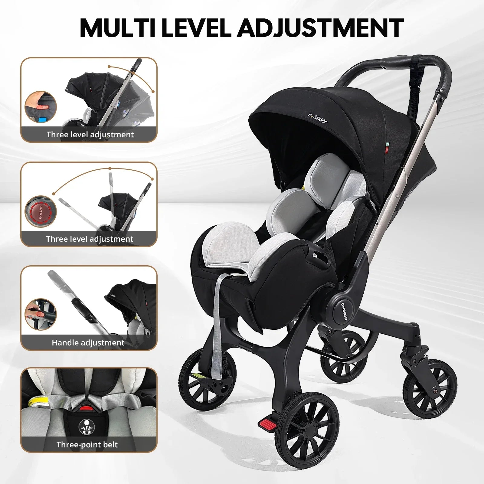 Portable baby strolle, foldable travel cart, adjustable handle for two-way push, adjustable backrest, with sunshade