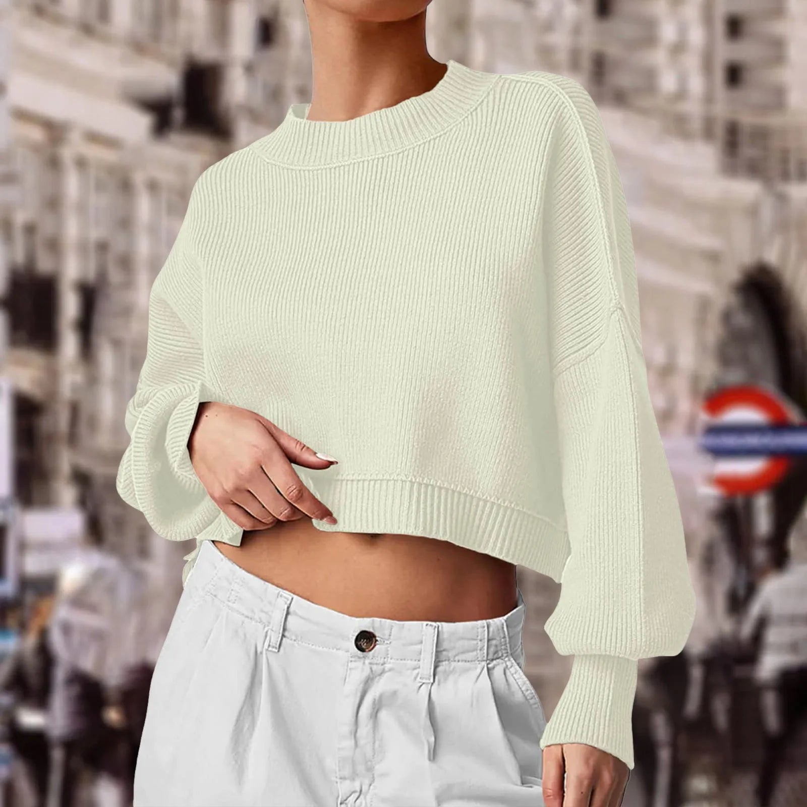 ZOMAXIUJEE 2024 Fall Cropped Knit Sweater – Crew Neck, Puff Sleeve, Oversized Pullover for Women