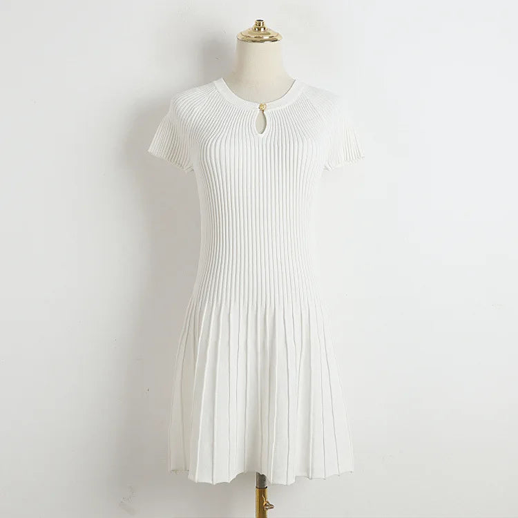 Ribbed Knitting A-line Short Dress Chic Elegant Slim Summer Dress 2025 Short Sleeve Round Neck Fashion New Dresses Vestidos