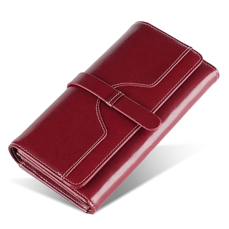 Genuine Leather Wallet for Women Long Clutch Bag Oil Wax Leather Retro Women's Multifunctional RFID Anti-theft Brush Wallets