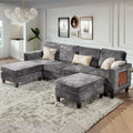 118" U-Shaped Sectional Couch, 4-Seat Modular Sofa with 2 Ottomans and Foldable Side Table, Grey for Living Room