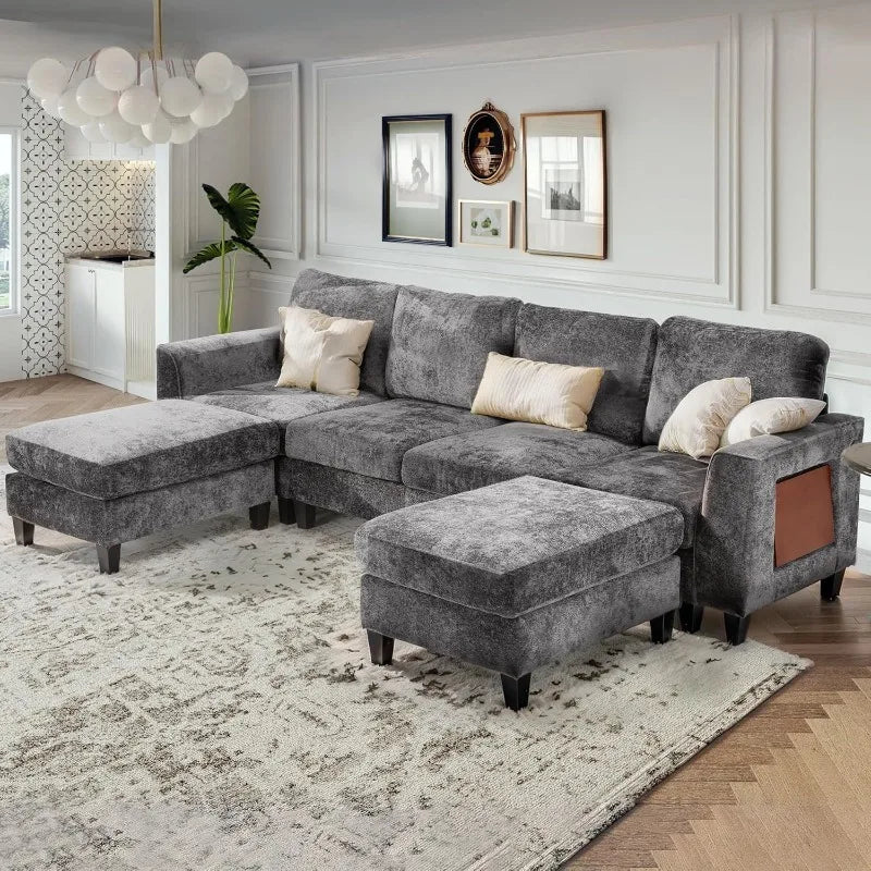 118" U-Shaped Sectional Couch, 4-Seat Modular Sofa with 2 Ottomans and Foldable Side Table, Grey for Living Room