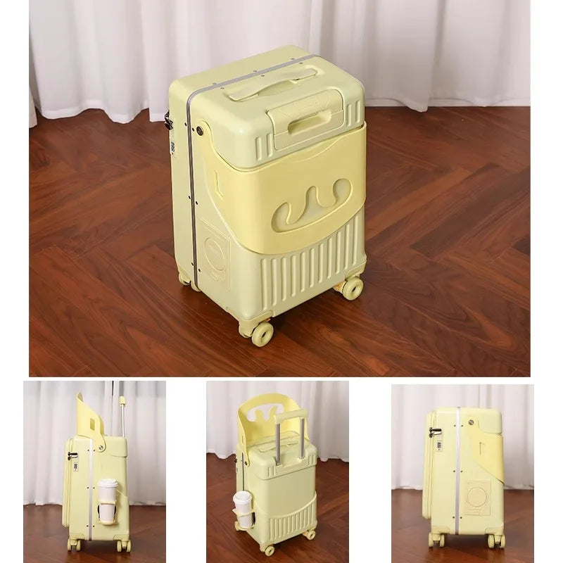 2025 New suitcase for children can Sit 20/22 inch Ride on Luggage Front Opening Sturdy Thickened Travel suitcase with Cup Holder