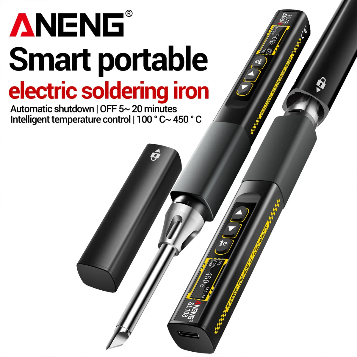 ANENG SL108 96W Smart Soldering Iron, PD/QC Fast Heating, Adjustable Temp 200-450°C, Portable Welding Station