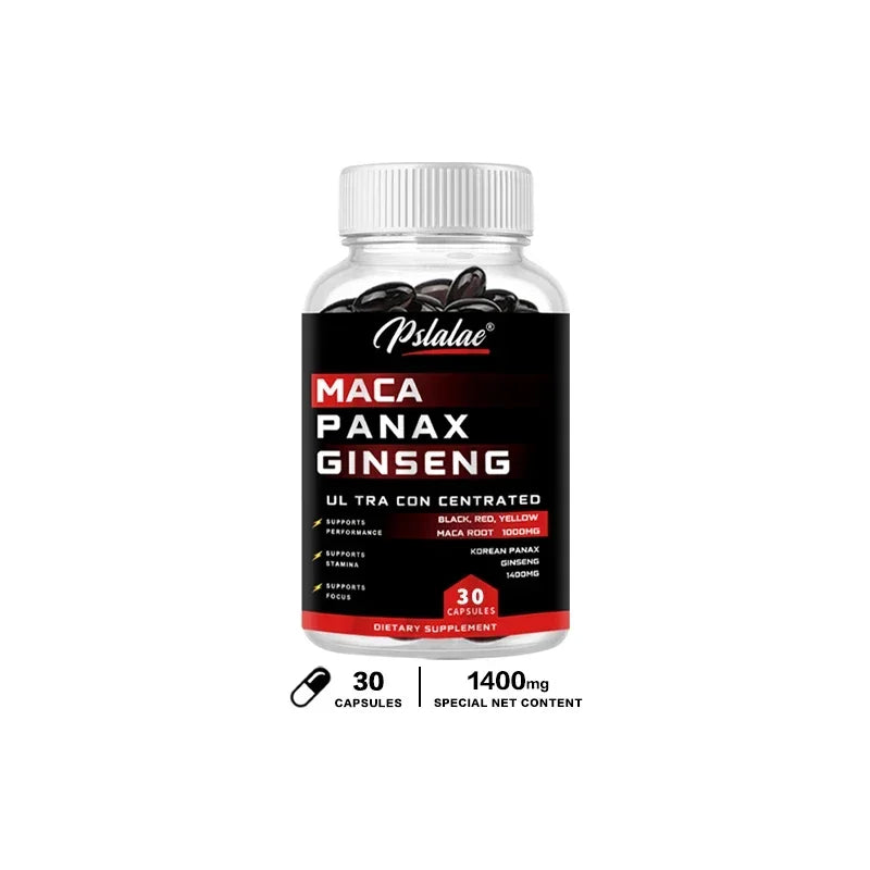 Xemenry Maca Root + Korean Ginseng Capsules – 10,000 mg Maca (Black, Red, Yellow) + 1,400 mg Ginseng | High Strength Energy & Vitality Supplement (30/60/120 Capsules)