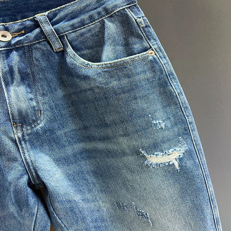 New Men's Ripped Jeans Personality Fashion Tapered Hole Frayed Denim Trousers Streetwear Casual Vintage Blue Pants Male Clothes