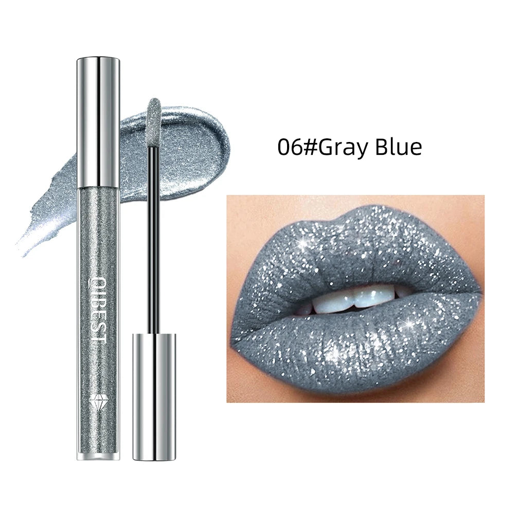 QIBEST shimmer lip gloss beauty girl diamond glitter lip tint waterproof long lasting 6 colors gray flash liquid lipstick makeup