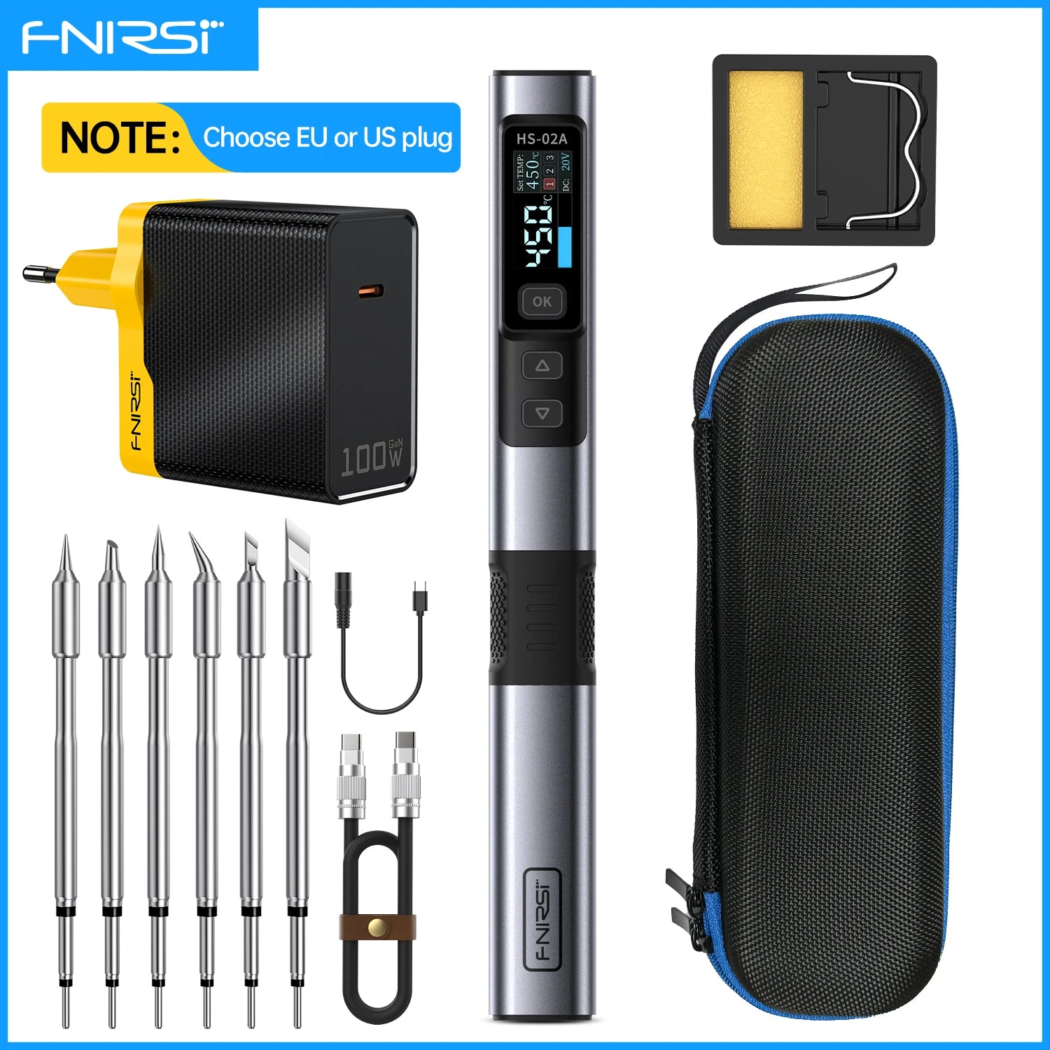 FNIRSI HS-02 Adjustable Temperature Soldering Iron DC 20V 100-450℃ Welding Solder Rework Station PD 100W Portable Repair Tool