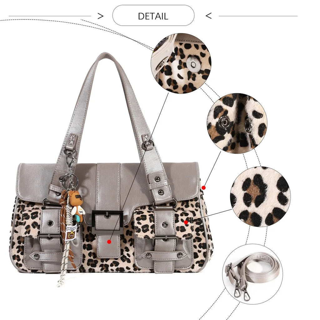 Venn Angel PU Handbg Women's Leopard Shoulder Bag Soft Fashion Tote Large Capacity Crossbody Shoulder Bag Bronze Handbag Purse