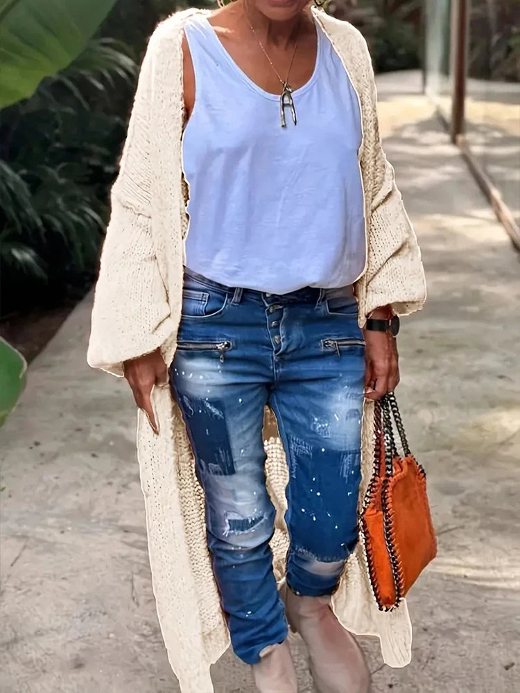 Plus Size Women’s Striped Patchwork Knitted Cardigan – Loose Turtleneck Long Sweater Coat (1XL–4XL)