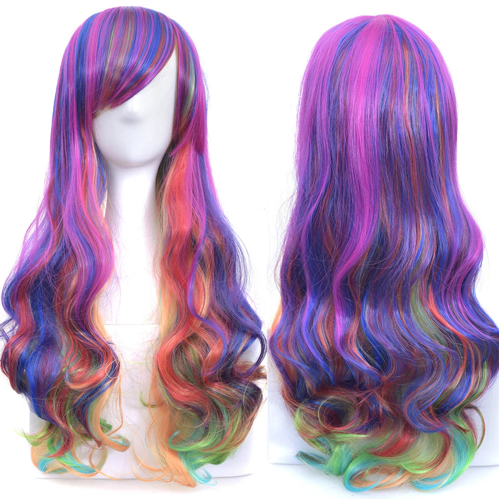Soowee Synthetic Hair Ombre Rainbow Cosplay Wig with Bangs Red Yellow Purple Green Blue Wigs for Black Women