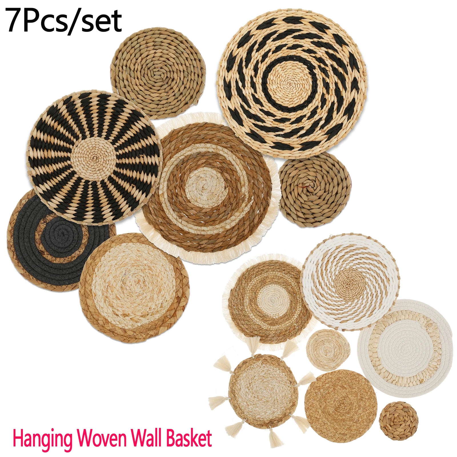 7-Piece Hanging Woven Wall Basket Set – Handmade Boho Farmhouse Décor
