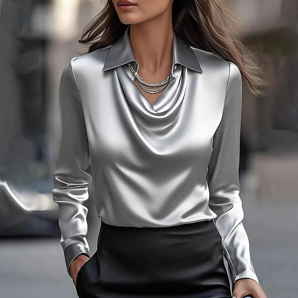 Elegant Women's Satin Shirt Blouse New Print V-neck Swing Neck Long-sleeved Solid Color Loose Shirt Casual Top Office Ladies