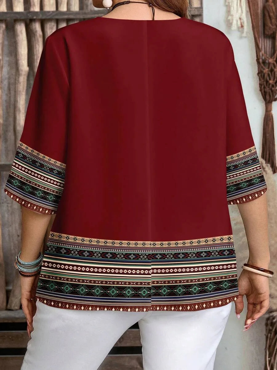 Plus size women's spring/summer/autumn new retro pattern front button leisure short sleeve shirt essential summer outfit