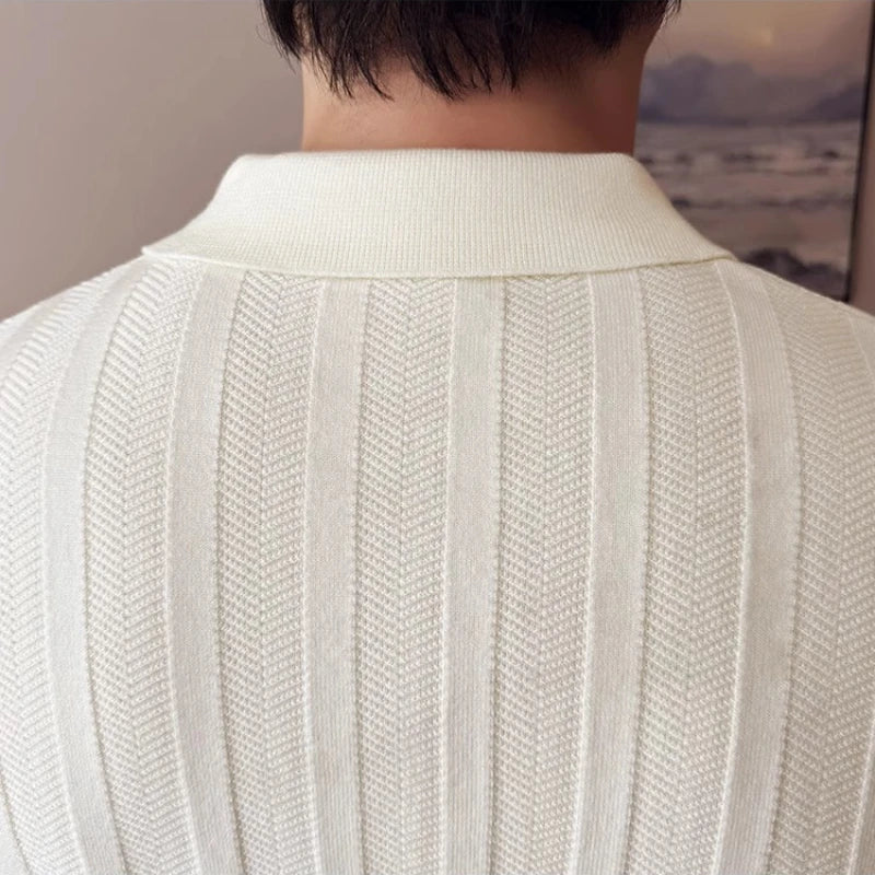 Men's Zip-Front Knit Sweater - White Polo Collar (Black/Burgundy/Cream) M-4XL Soft Touch Autumn Winter Casual Style