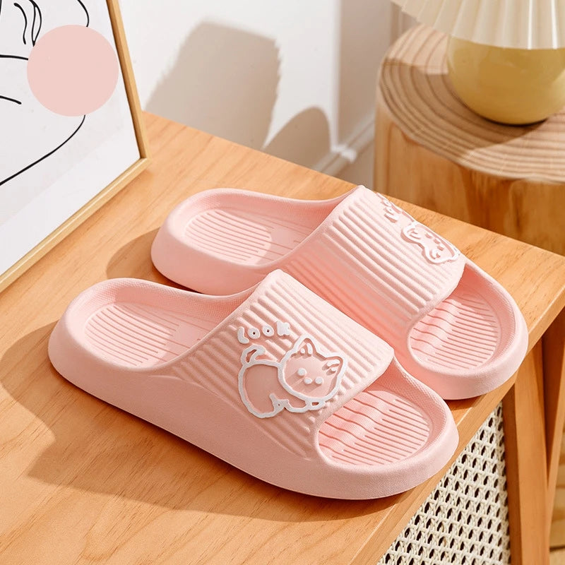 Cute Cartoon Kitten Women's Summer Slippers Indoor Bathroom Cloudy Soft Sole Non-slip Leisure Comfort Couple Home Shoes
