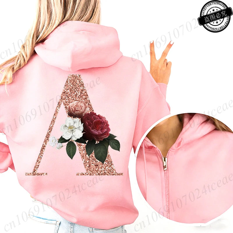 Women Zip Up Hoodies Rose Gold Letter A~Z Zipper Jackets Coats Autumn Winter Hoody Sweatshirt Fashion Casual Zip Pink Hoodie Top